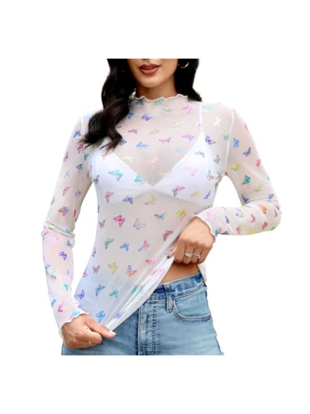 Mesh Long Sleeve Mock Neck See Through Lace Blouse Top